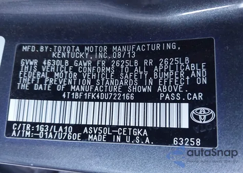 2013 Toyota Camry Xle from USA, damaged, VIN 4T1BF1FK4DU722166